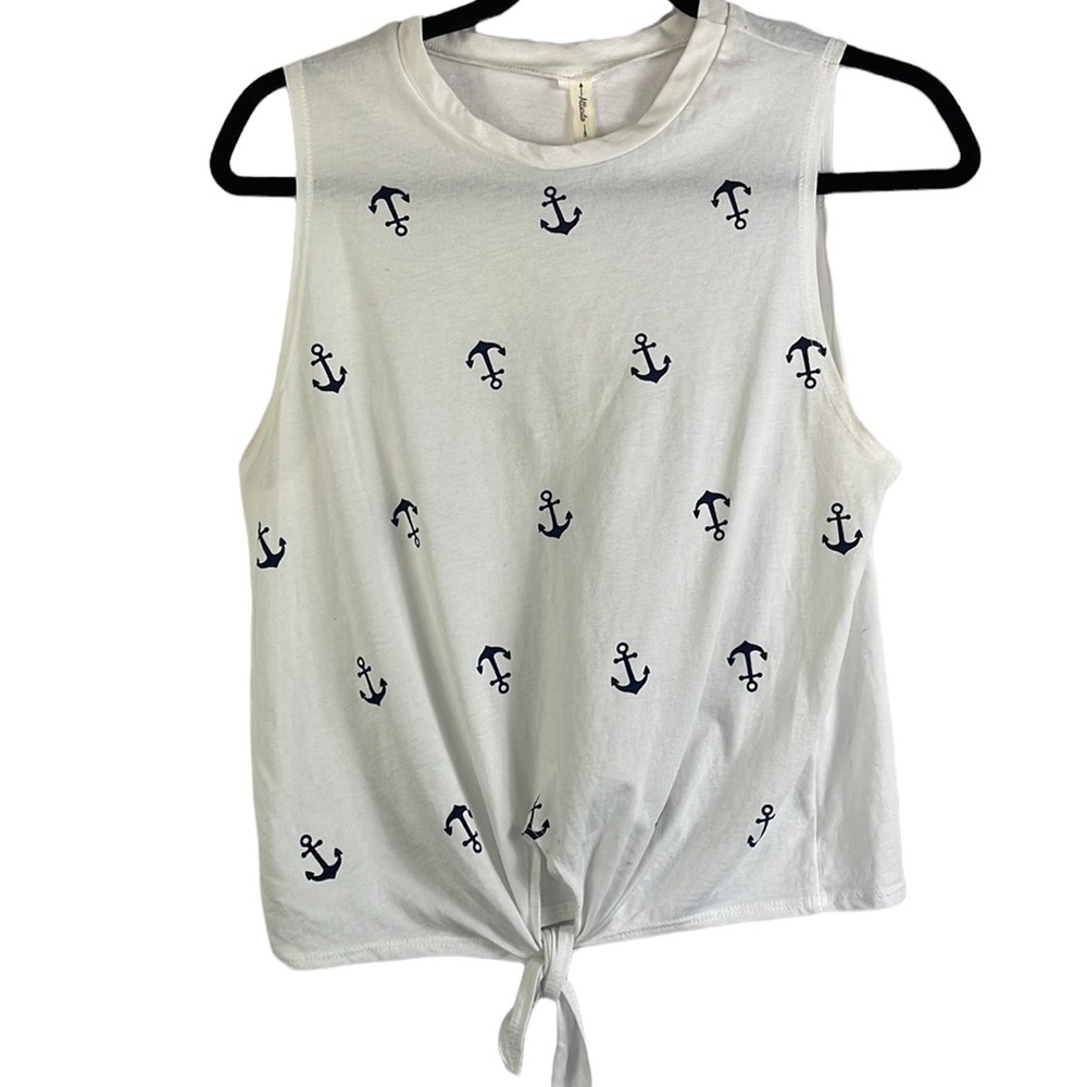 Atticute Sleeves Anchor Tie Front Sleeveless Crop Tee White Blue Nautical Small